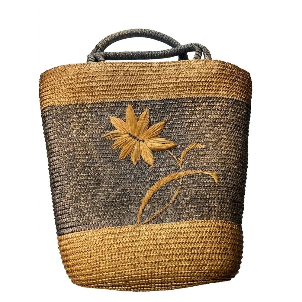 Artisan Crafted Straw Handbag Brown Tan Colorblock Embroidered Flower